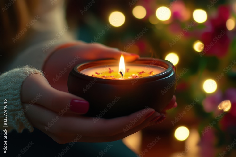 Holding a decorative candle in a cozy setting with soft lights and flowers Holding a decorative candle in a cozy setting with soft lights and flowers
