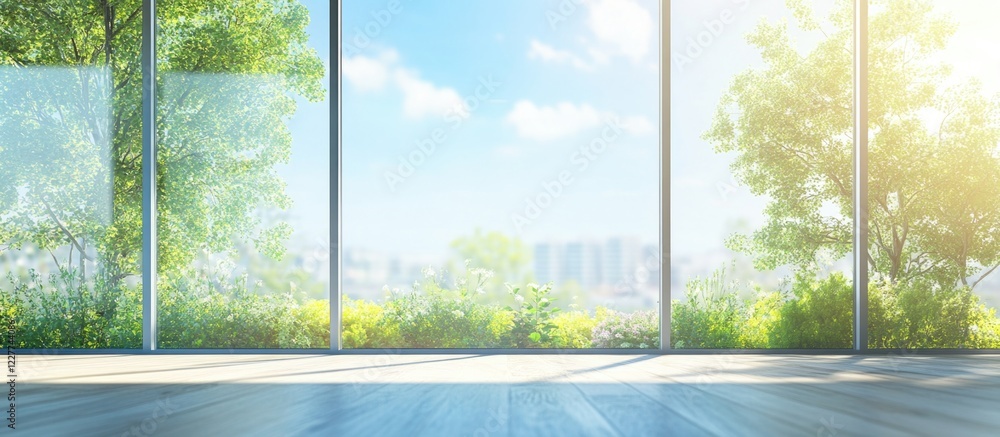 Naklejka premium Modern Office Space with Glass Partition and Bright Natural Light Creating an Inviting Ambiance in a Scenic Outdoor Setting