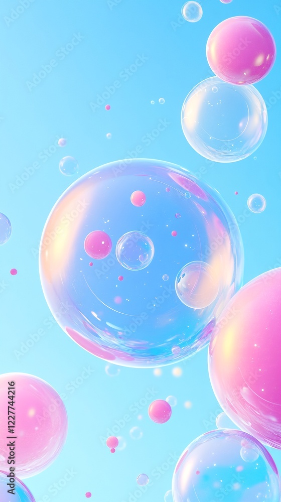 Bubbles of Pastel Colors Floating Against Bright Blue Background. Bubbles of Pastel Colors Floating Against Bright Blue Background.
