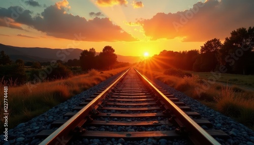 Golden sunset hues cast long shadows across railway tracks, sleepers visible , journey, steel, autumn