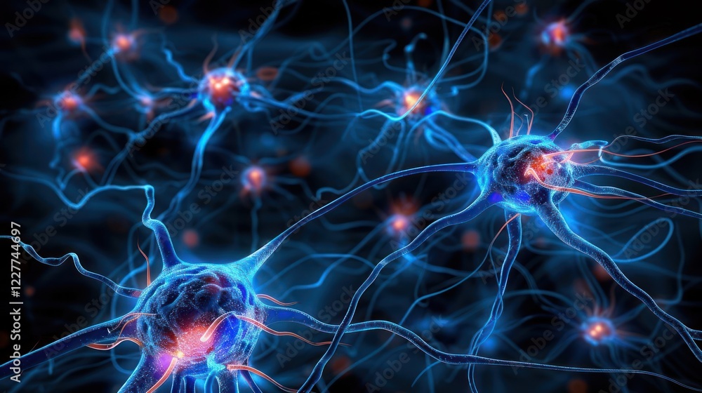 Abstract representation of neurons communicating in a vibrant digital environment with glowing connections Abstract representation of neurons communicating in a vibrant digital environment with glowing connections