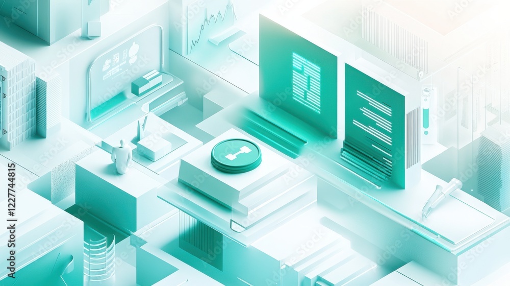 Illustration that represents the concept of AI in Healthcare Diagnosis in soft white and vibrant turquoise colors Illustration that represents the concept of AI in Healthcare Diagnosis in soft white and vibrant turquoise colors