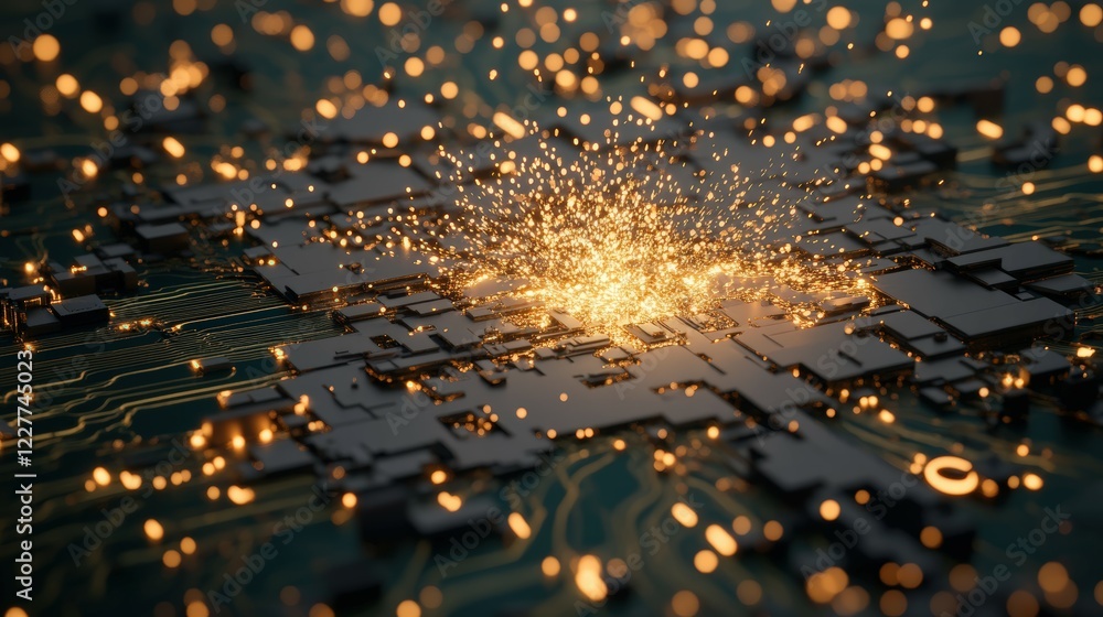 Naklejka premium Sparkling Particles Emanating from Circuit Board with Abstract Design in Dark Background