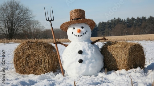 Snowman wearing a straw hat poses beside hay bales on a sunny winter day in a rural landscape