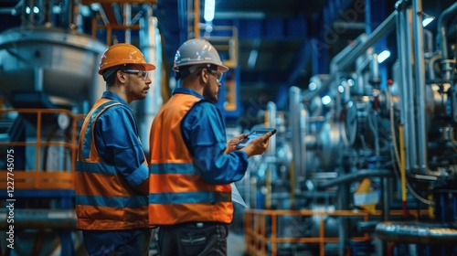 Two industrial workers in safety gear using a tablet in a modern manufacturing facility