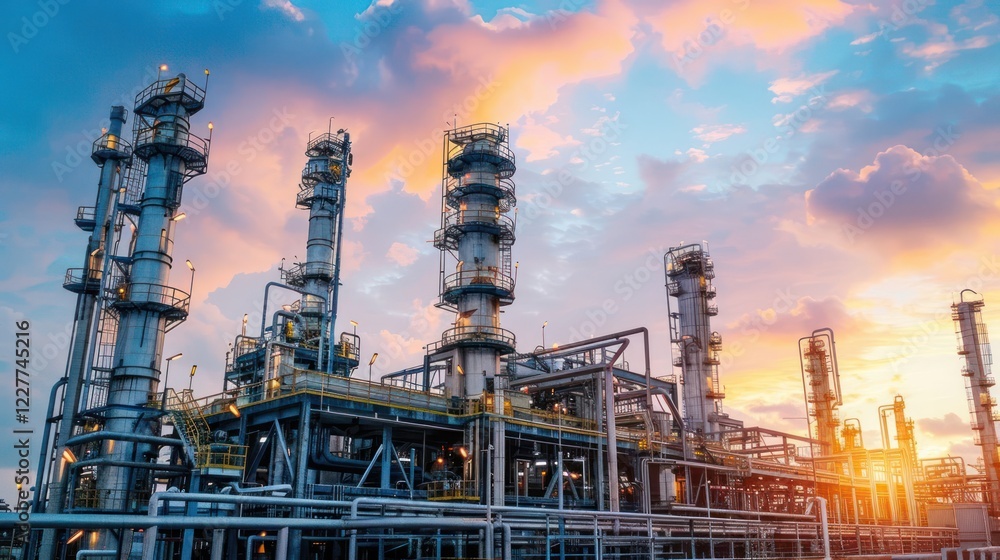 Industrial complex with towering structures under a vibrant sunset sky, showcasing energy production Industrial complex with towering structures under a vibrant sunset sky, showcasing energy production