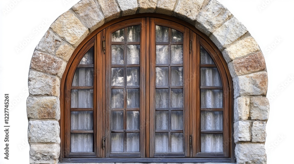 Obraz premium Historic stone window with wooden frames and decorative curtains showcasing traditional architectural design