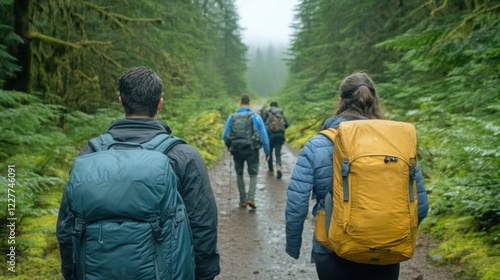 Wallpaper Mural group of friends hiking in a forest, enjoying nature, backpacks and gear, vibrant greens Torontodigital.ca