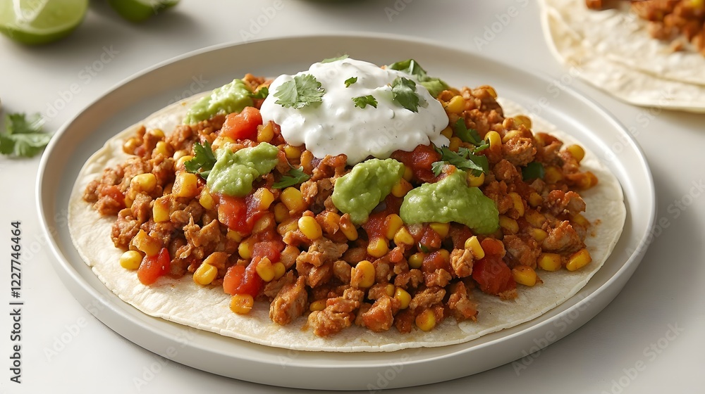 A delicious taco filled with meat, corn, tomatoes, and topped with sour cream and guacamole. A delicious taco filled with meat, corn, tomatoes, and topped with sour cream and guacamole.