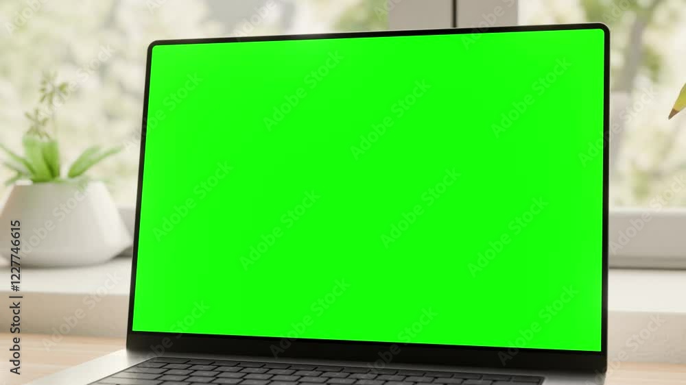 Laptop with green screen on a desk in a stylish home interior.. Set of three camera transitions with different angles in one clip. Luma matte, tracking screen layer included. CGI render