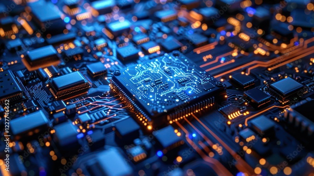 Close-up of a modern microchip on a circuit board with glowing connections and intricate details Close-up of a modern microchip on a circuit board with glowing connections and intricate details