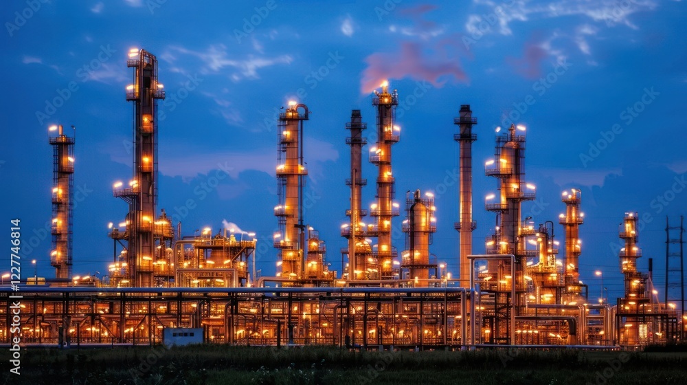 Industrial skyline at dusk with illuminated towers and cloudy sky, showcasing energy production Industrial skyline at dusk with illuminated towers and cloudy sky, showcasing energy production