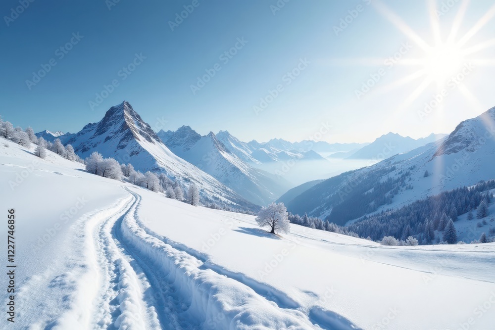 Fototapeta premium Snow dusted fields, distant snow capped peaks, stark winter light, cold, photography