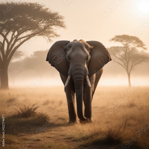  a majestic elephant strides through a misty savanna at dawn photo