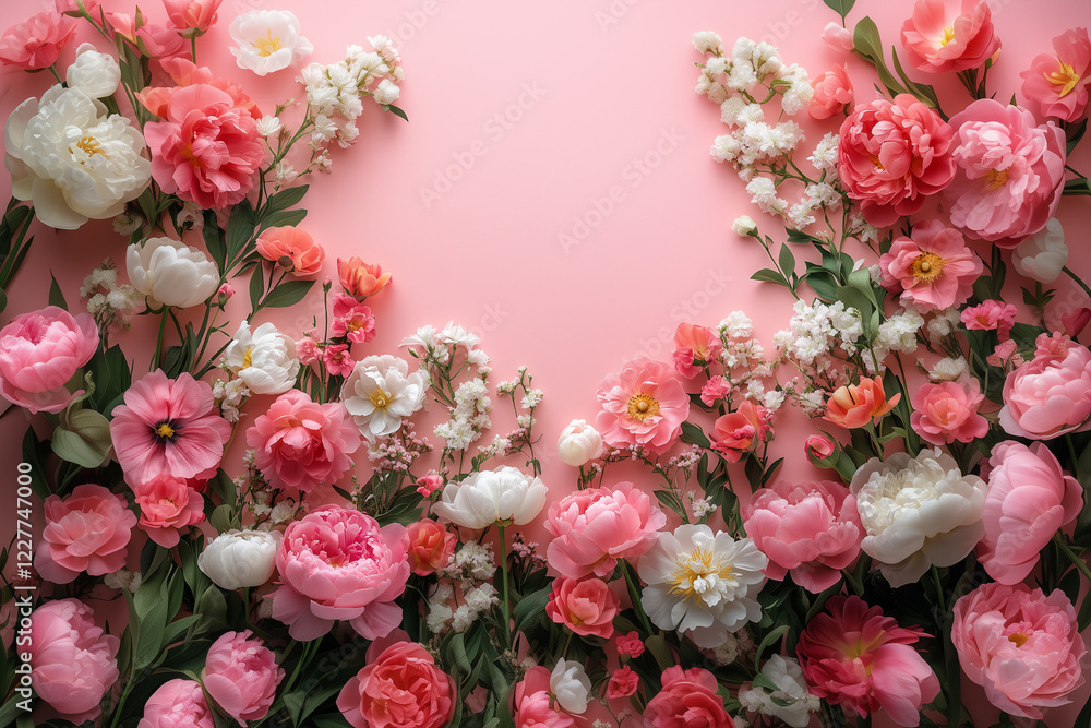 custom made wallpaper toronto digitalA romantic floral arrangement of pink, white, and coral blossoms on a soft pink background, symbolizing femininity, elegance, and spring celebrations.