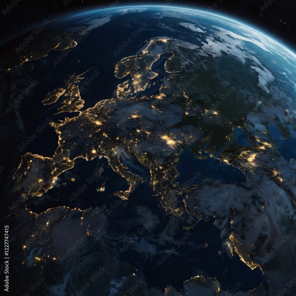 a hyper-realistic image of full Earth from space, with the planet mostly in dark shadows, using deep blues and dark blues to create a mysterious atmosphere. The planet should be visible from a medium a hyper-realistic image of full Earth from space, with the planet mostly in dark shadows, using deep blues and dark blues to create a mysterious atmosphere. The planet should be visible from a medium