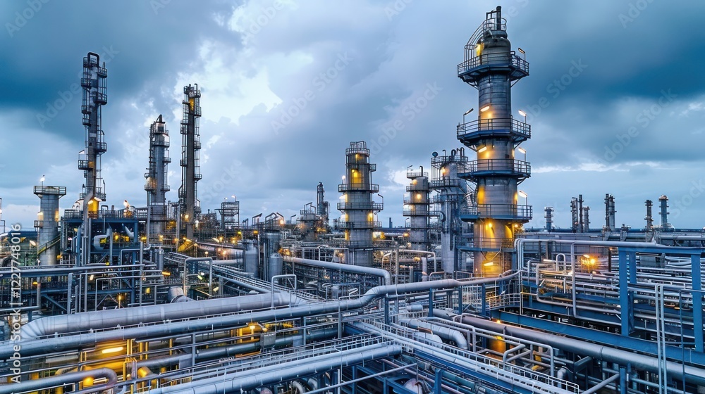 Industrial complex with towering structures and illuminated pipelines under a cloudy sky Industrial complex with towering structures and illuminated pipelines under a cloudy sky