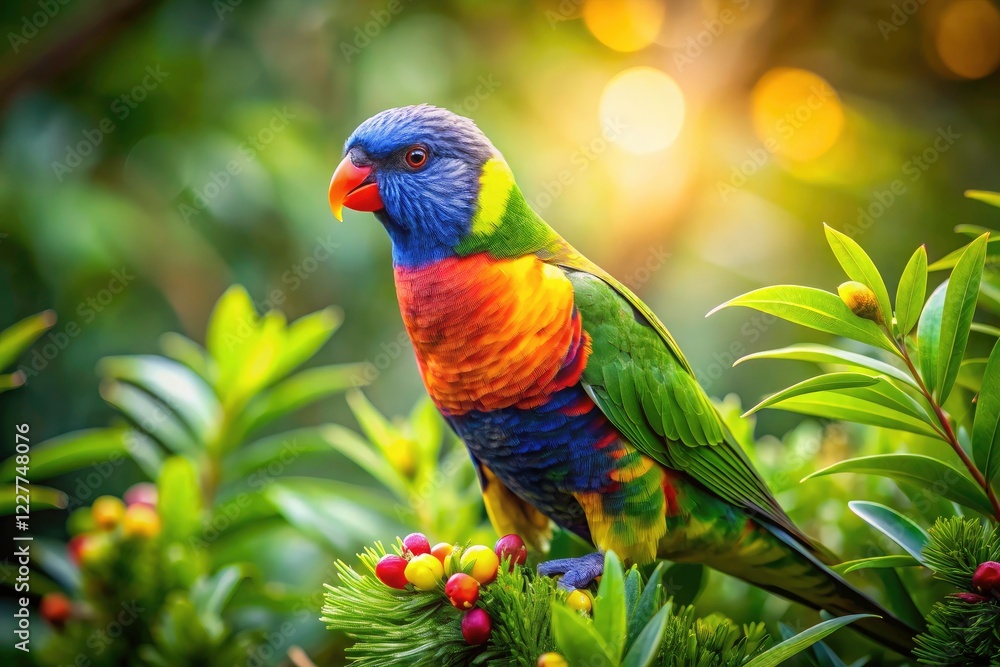 Obraz premium Stunning panoramic photography showcases the vibrant colors of Moluccan Rainbow Lorikeets.