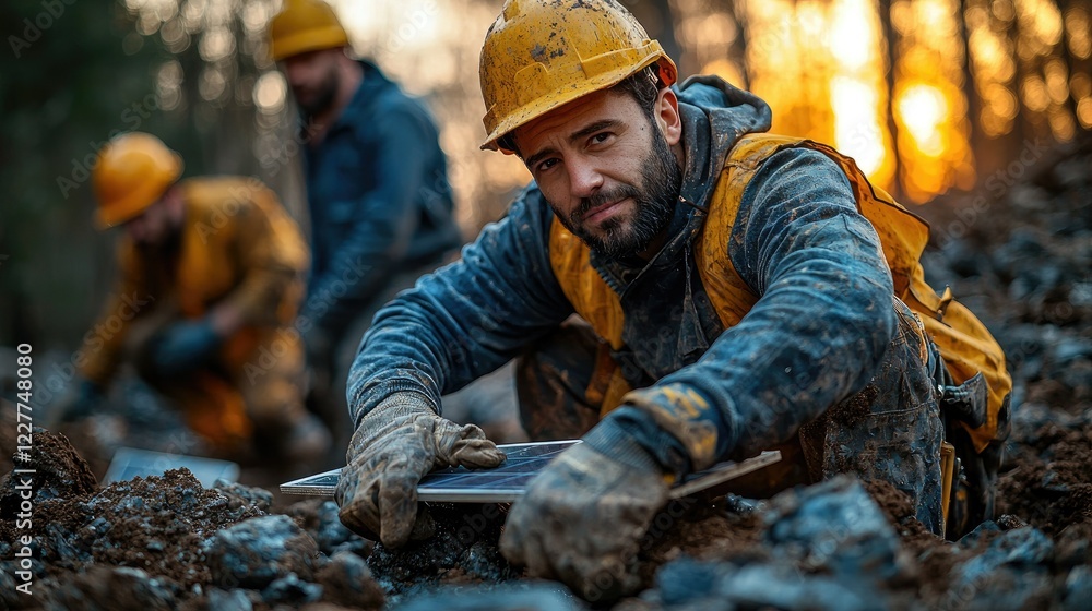 Worker uses technology during outdoor mining operation Worker uses technology during outdoor mining operation