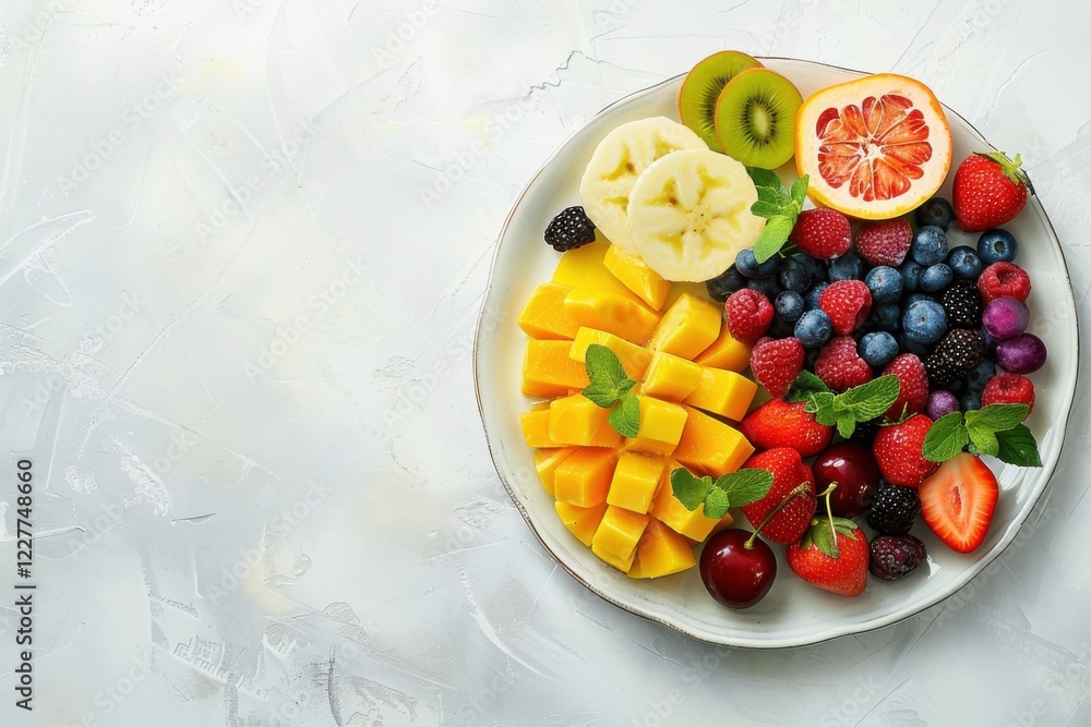 fresh fruit platter with a variety of colorful fruits, copy space for text fresh fruit platter with a variety of colorful fruits, copy space for text