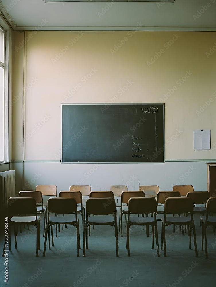 A photo of an empty classroom with blackboards and desks A photo of an empty classroom with blackboards and desks