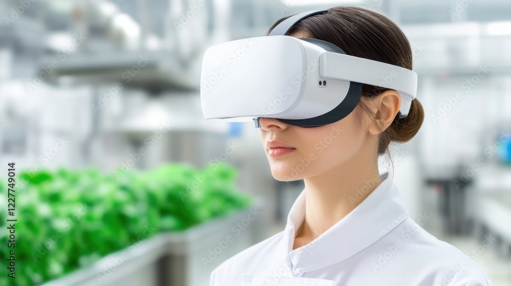 food technologist wearing virtual reality glasses in a food processing plant food technologist wearing virtual reality glasses in a food processing plant