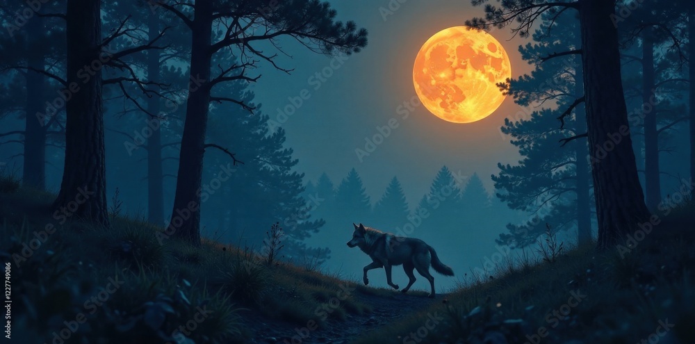 Fototapeta premium Full moon illuminates a lone wolf's back as it runs through a dense thicket, wolf, trees, nighttime
