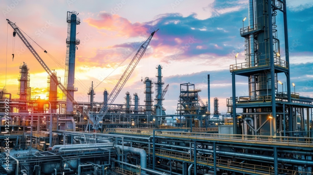 Industrial landscape at sunset with cranes and machinery, showcasing energy production in action Industrial landscape at sunset with cranes and machinery, showcasing energy production in action