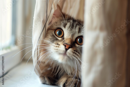 A cat peeking out from behind a curtain, eyes wide with curiosity. photo