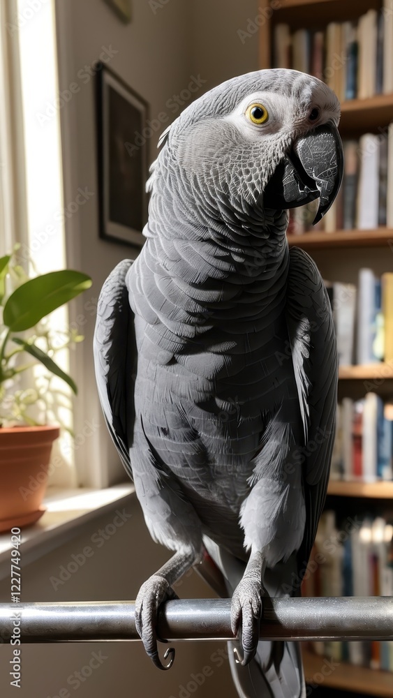 Obraz premium a majestic grey parrot perched elegantly in a sunlit room