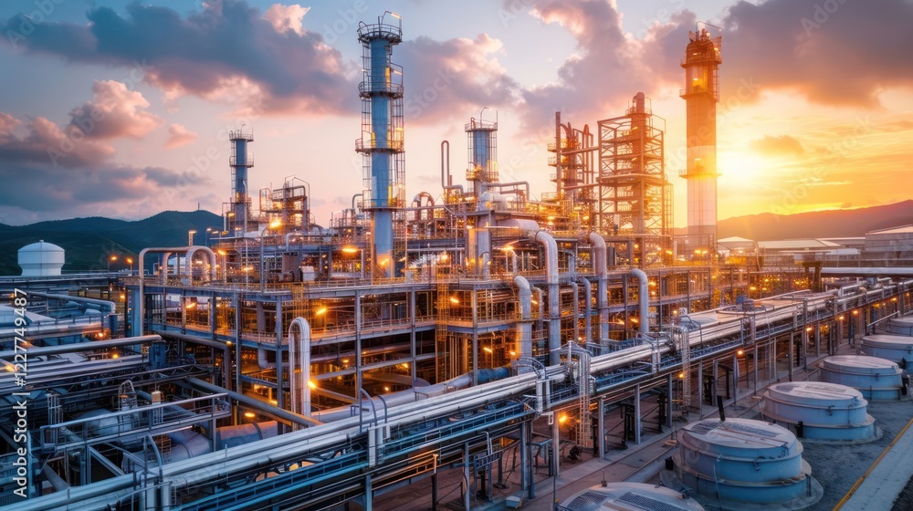 Industrial complex at sunset with pipes and tanks, showcasing energy production and technology Industrial complex at sunset with pipes and tanks, showcasing energy production and technology