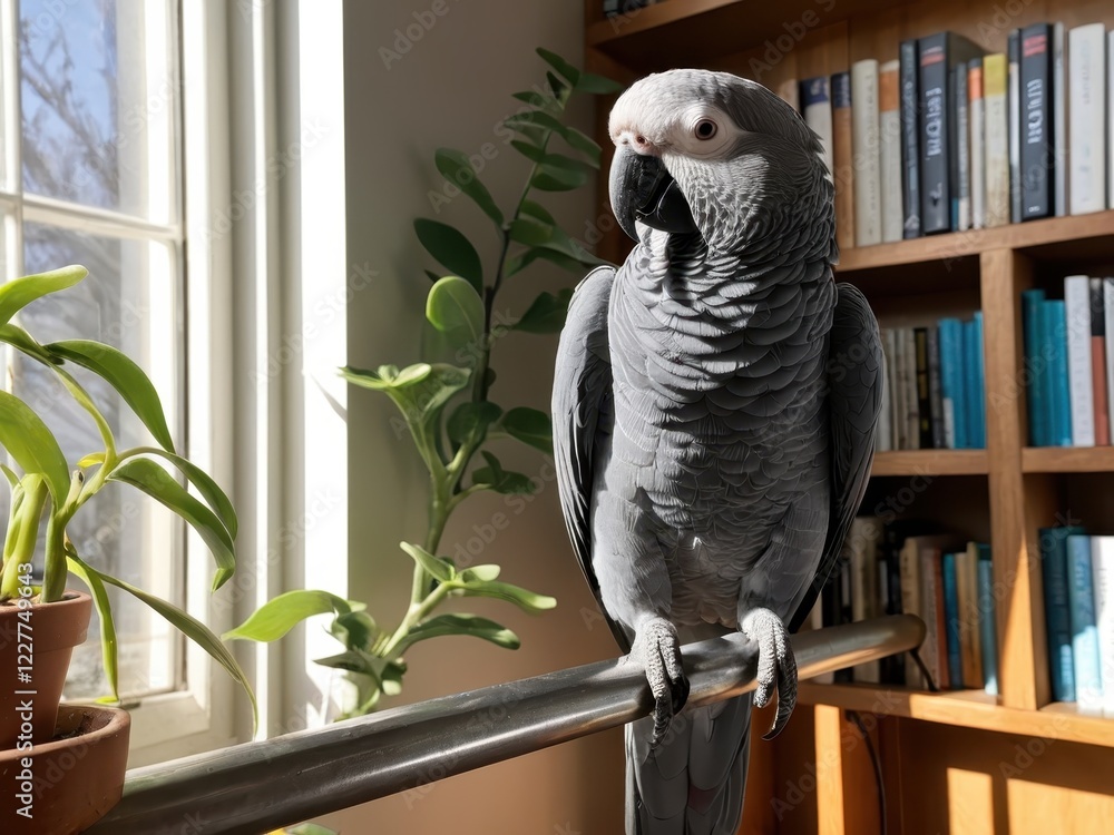 Fototapeta premium a curious gray parrot perched in a sunlit living room