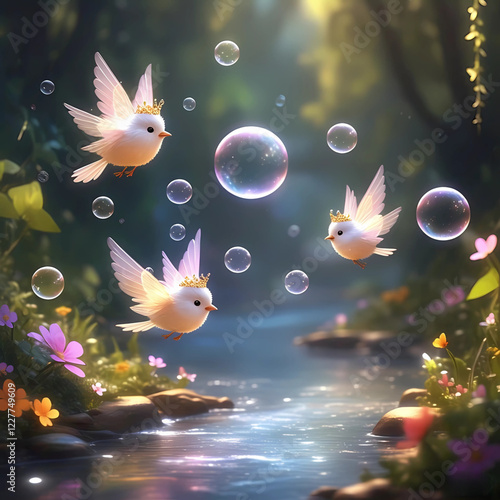 Fairy Birds in Harmony with magical bubbles floating over the river