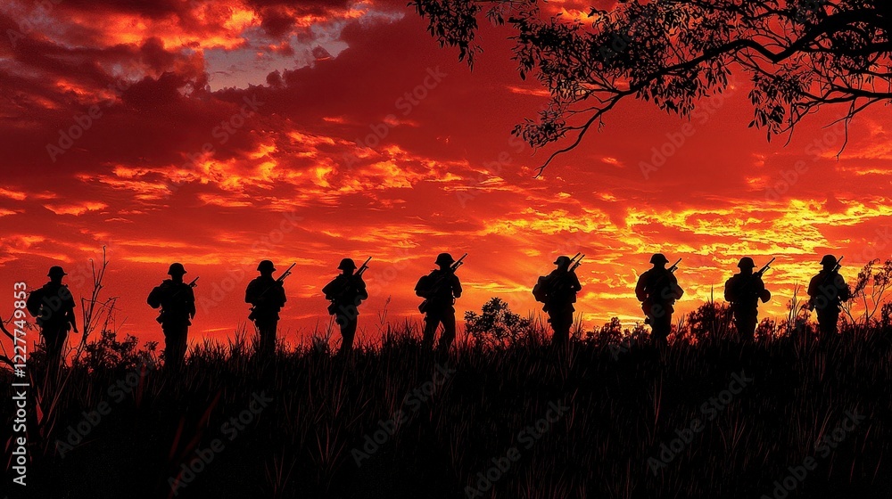 Silhouetted Soldiers Against Vibrant Sunset Sky in Dramatic Landscape Silhouetted Soldiers Against Vibrant Sunset Sky in Dramatic Landscape