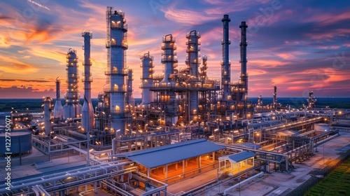 Wallpaper Mural Industrial complex illuminated at sunset with vibrant sky and operational machinery in view Torontodigital.ca