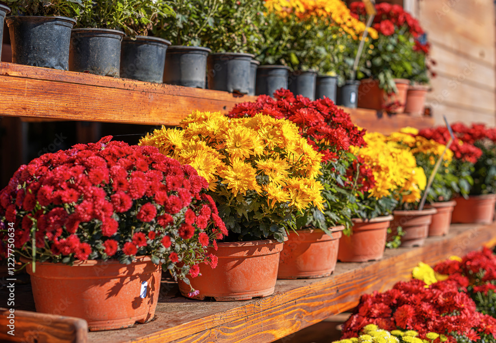 A beautiful assortment of chrysanthemums in red, yellow, and white colors is displayed in terracotta pots on wooden shelves. The vibrant flowers are bathed in sunlight.