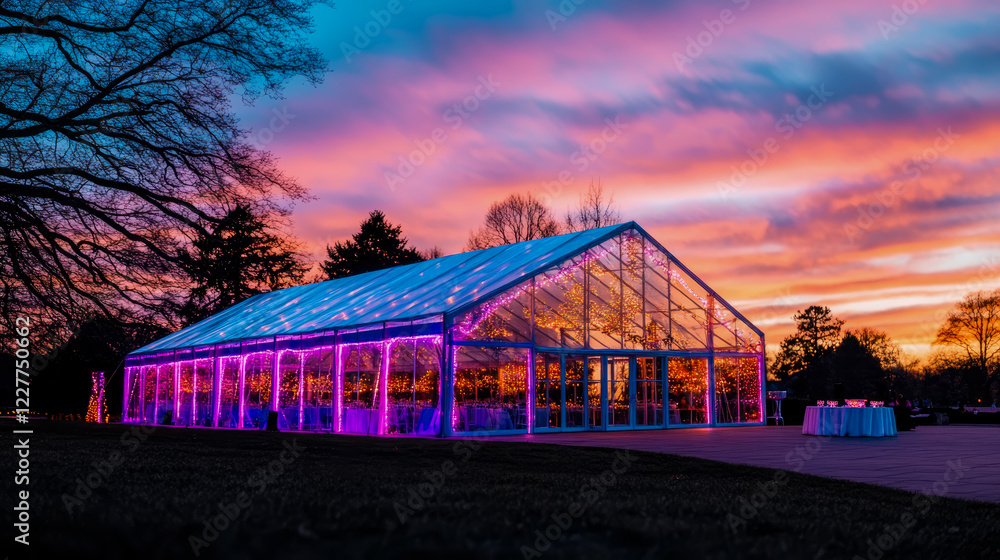 Fototapeta premium Magical Sunset Celebration: Illuminated Glass Pavilion at Dusk