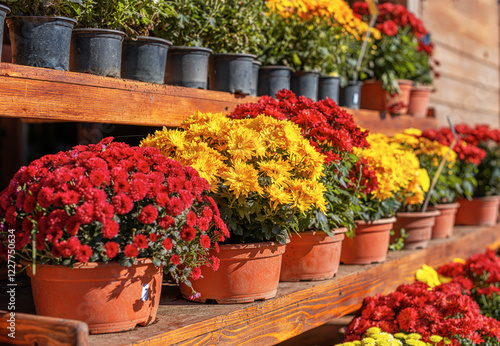 Obraz na płótnie A beautiful assortment of chrysanthemums in red, yellow, and white colors is displayed in terracotta pots on wooden shelves. The vibrant flowers are bathed in sunlight. w salonie