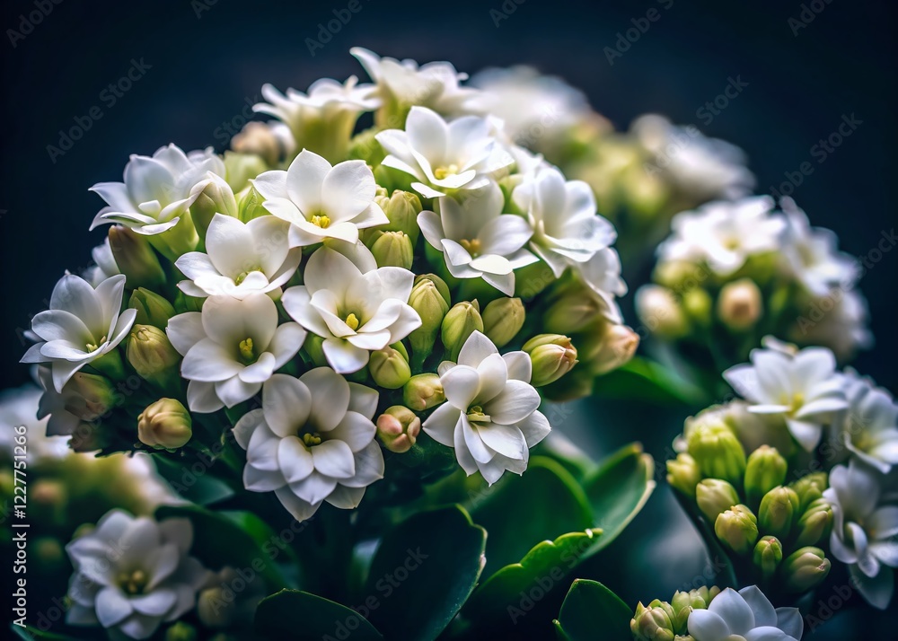 Close-Up Low Light Kalanchoe Blossoms: Delicate White Flowers in Soft Shadows Close-Up Low Light Kalanchoe Blossoms: Delicate White Flowers in Soft Shadows