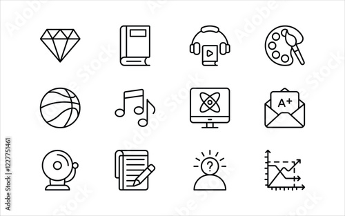 Primary School Subjects Vector Icons Set. Reading, Math, Science, Geography, Writing, Biology, Logic, Physical Education, Arts, and More. Editable Linear Collection.