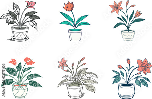 Houseplant Vector Illustrations. Variety of Vector Potted Plant Graphics for Indoor Gardening, Green Living, and Botanical Illustrations.