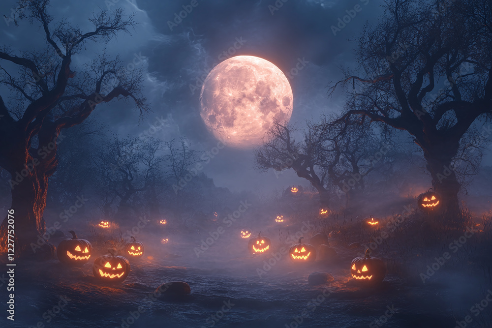 Spooky Halloween Gift Box with Glowing Jack-o'-Lanterns and Eerie Atmosphere Surrounded by Pumpkins and Autumn Leaves in a Mystical Night Scene Spooky Halloween Gift Box with Glowing Jack-o'-Lanterns and Eerie Atmosphere Surrounded by Pumpkins and Autumn Leaves in a Mystical Night Scene