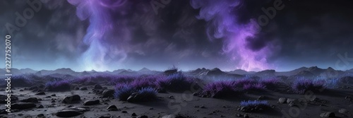 Purple and blue mist rising from the ground on a black surface , smoky, eerie, blue