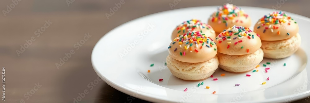 Profiterols with colorful sprinkles on a white plate, creamy filling, colorful toppings, sweet treats Profiterols with colorful sprinkles on a white plate, creamy filling, colorful toppings, sweet treats