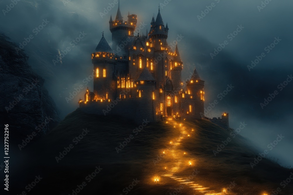 Fototapeta premium Mysterious castle illuminated at night amid fog and mist in a dark fantasy setting