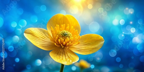 Close-up Marsh Marigold Flower Macro Photography, Pale Yellow Bloom with Bokeh