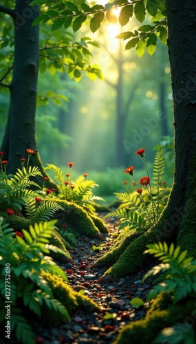 Wallpaper Mural Forest floor with ferns and wildflowers under sunlight filtering through leaves, forest, flowers, woods Torontodigital.ca