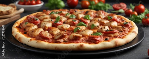 Pizza with catupiry chicken and tomato sauce on a black plate , mozzarella cheese, plate, meal photo