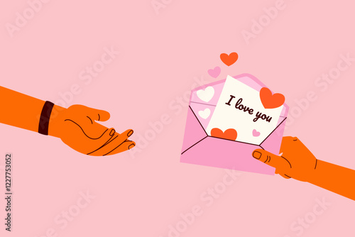 A girl gives a love letter to a man. Romantic concept. Happy Valentine's Day. Vector illustration of envelope mail correspondence. Love message symbol For poster, greeting card invitation flyer banner