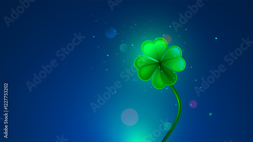 Four-leaf clover against clear evening sky. Magic 4 leaf clover that brings good luck. Clover with four leaves is an Irish symbol of luck. One minimalistic Clover background for St. Patrick Day.